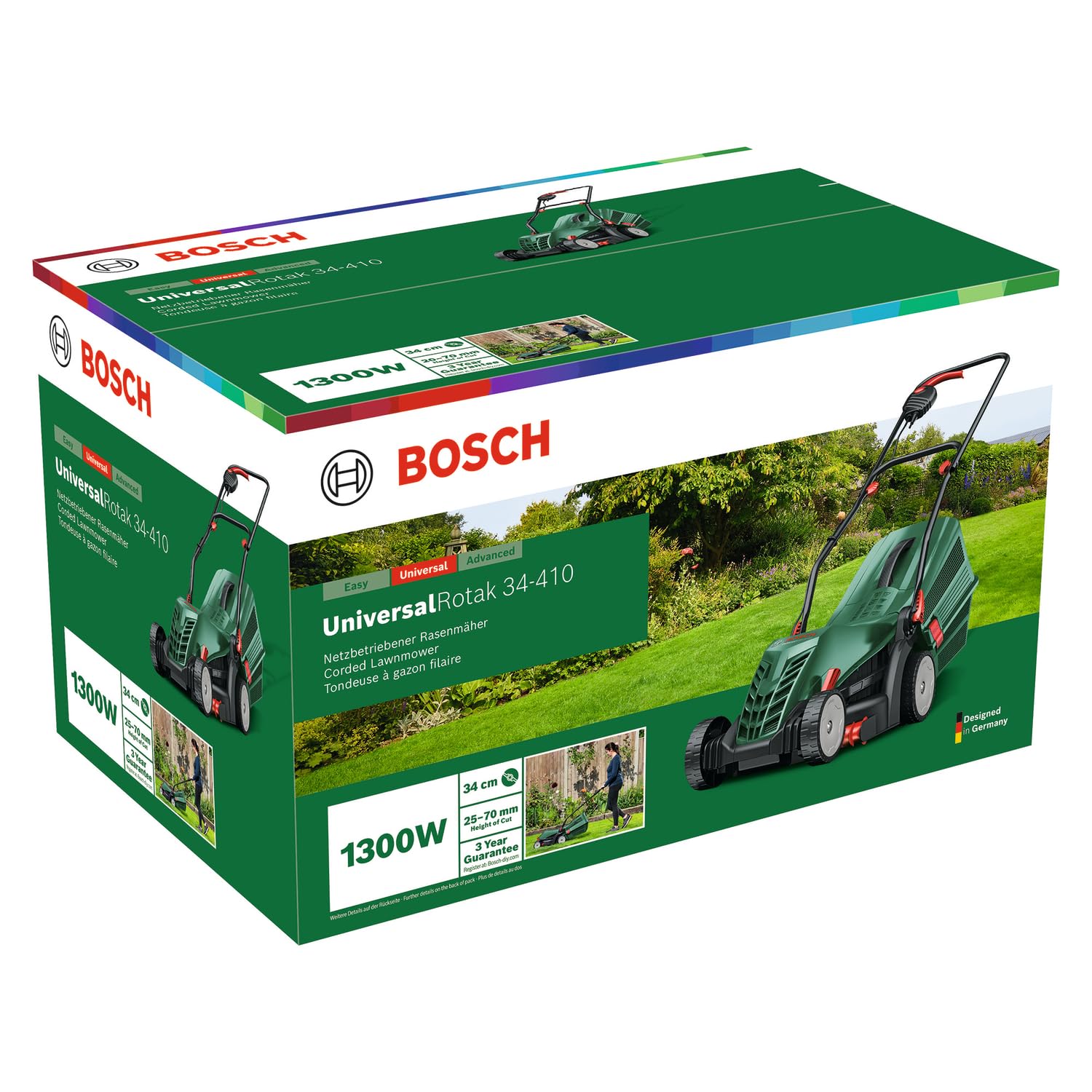 Bosch Corded Lawnmower UniversalRotak 34-410 (230 V, cutting width: 34 cm, 40-litre grass box, with GrassCombs)