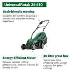 Bosch Corded Lawnmower UniversalRotak 34-410 (230 V, cutting width: 34 cm, 40-litre grass box, with GrassCombs)