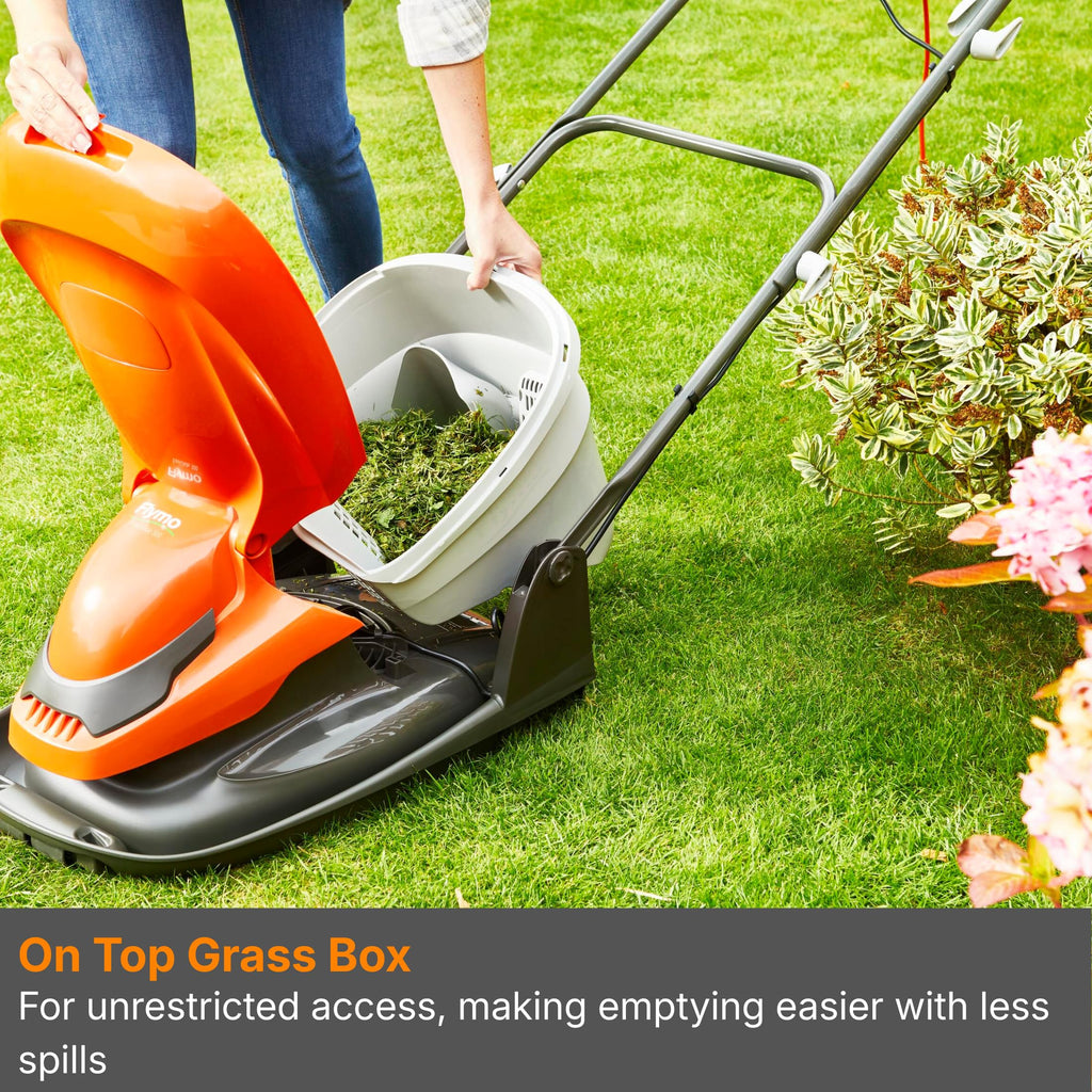Flymo EasiGlide 300 Hover Collect Lawn Mower - 1700W/1900W Motor, 30cm Cutting Width, 20 Litre Grass Box, Folds Flat, 10m Cable Length, Orange and Grey